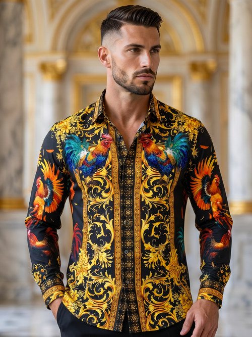 BARABAS Luxury Statement Shirt BS5SPR10 Black – SLIM FIT Stretch Rhinestone-Print