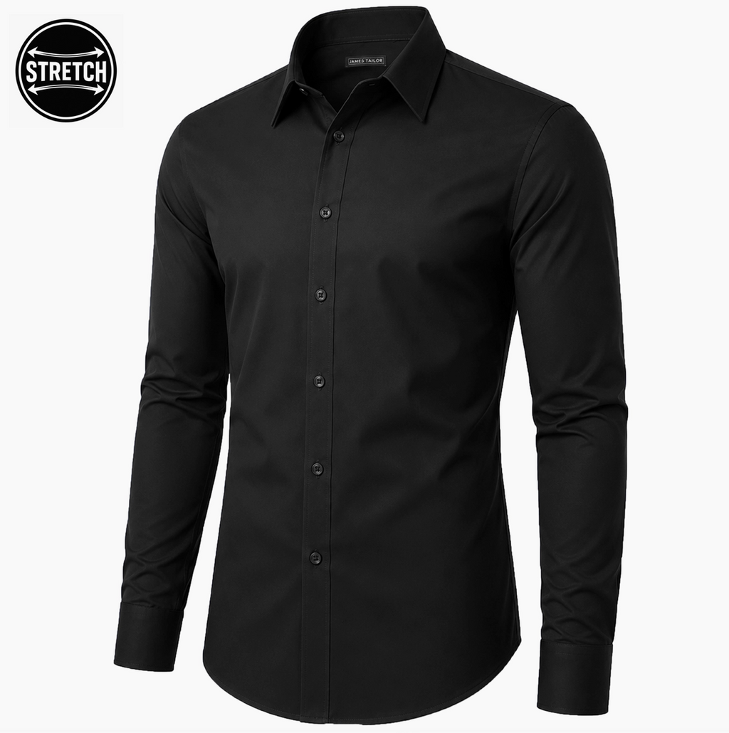 A black long-sleeve button-down dress shirt with a slim fit, shown on a white background with a circular 'STRETCH' badge in the top-left corner.
