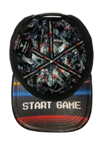 Men's black embroidered snapback cap, side angle view 2