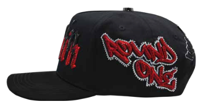 Men's black embroidered snapback cap, side angle view 4