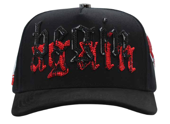 Men's black embroidered snapback cap, back view with adjustable strap