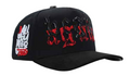 Men's black embroidered snapback cap, side angle view 