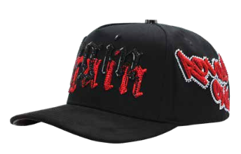 Men's black embroidered snapback cap, side angle view 
