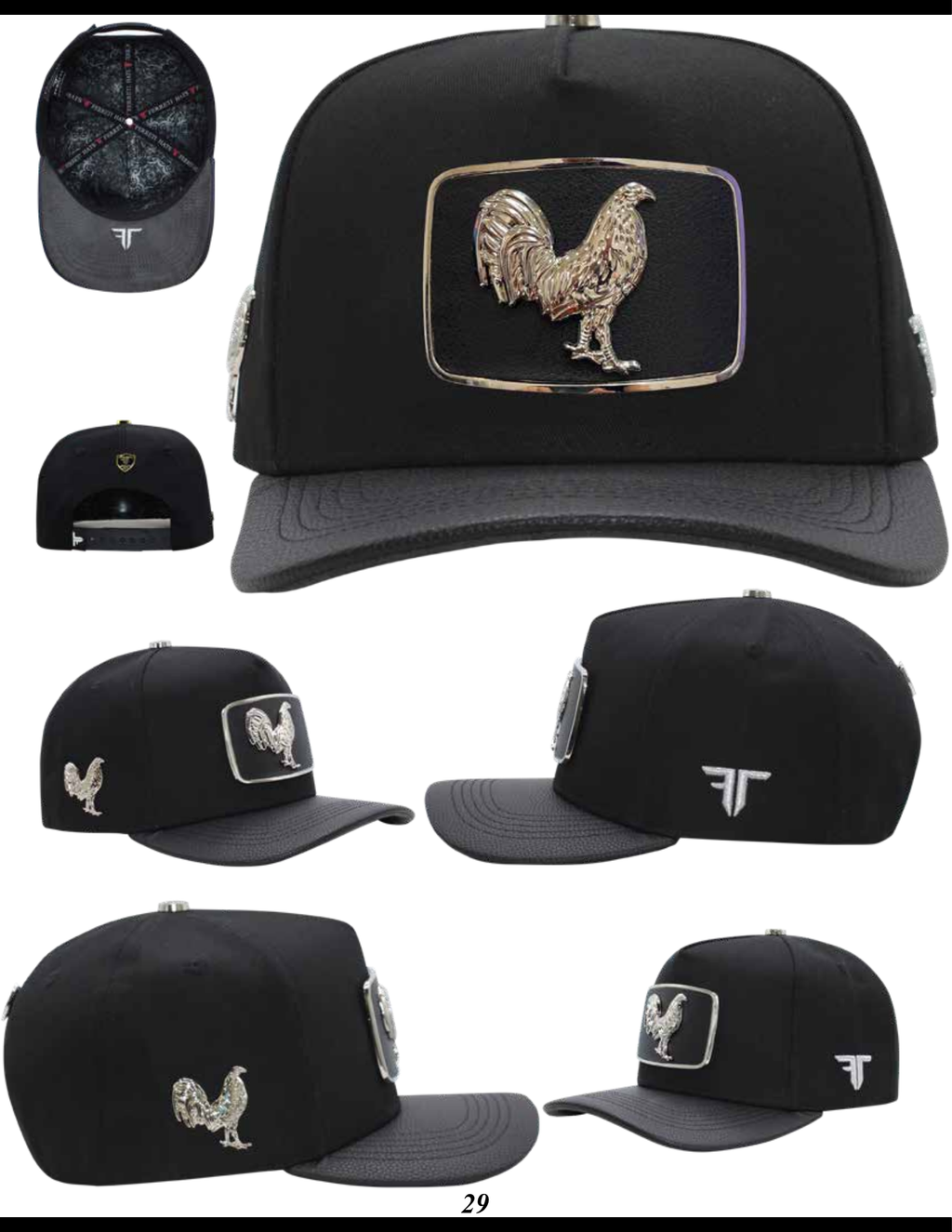 Men's Black Rooster Metal Plate Snapback Cap - Adjustable
