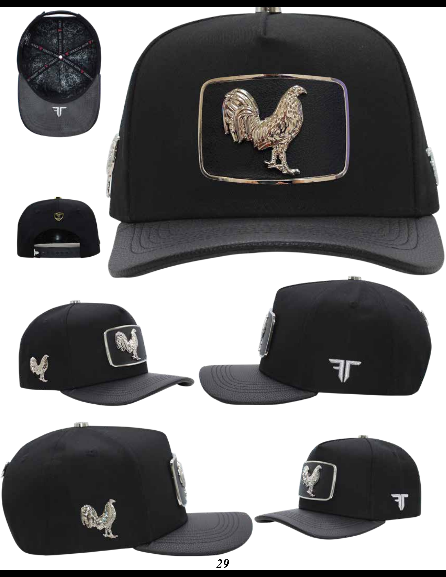 Men's Black Rooster Metal Plate Snapback Cap - Adjustable