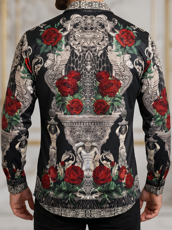 BARABAS Luxury Statement Shirt BS3SPR418 Black – SLIM FIT Stretch Rhinestone-Print