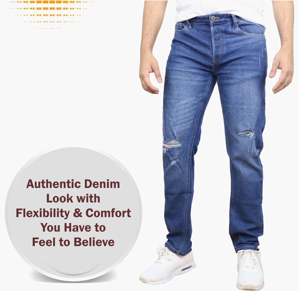 A person wearing blue distressed denim jeans with ripped knees, paired with a white t-shirt and white sneakers, shown against a plain white background with a promotional text badge on the left.