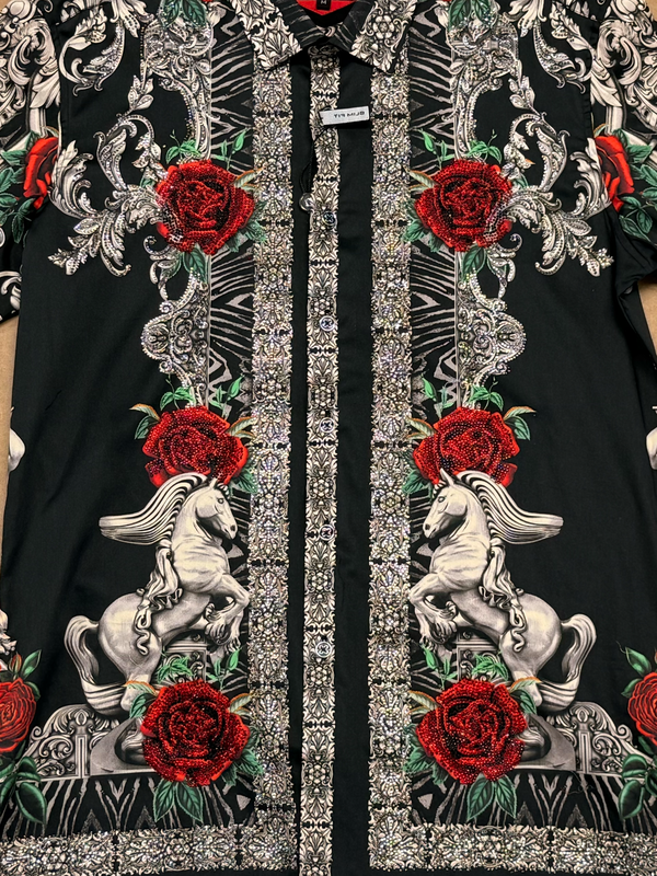 BARABAS Luxury Statement Shirt BS3SPR418 Black – SLIM FIT Stretch Rhinestone-Print