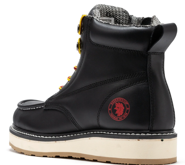 Men's black leather wedge work boot, side profile view
