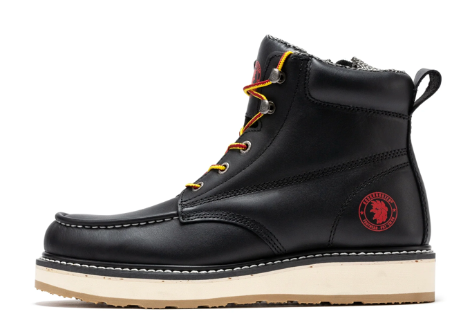 Men's black leather work boot, outsole profile view
