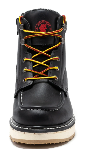 A black leather lace-up boot with yellow and orange striped laces, featuring a red circular logo on the tongue and a thick off-white and brown sole.