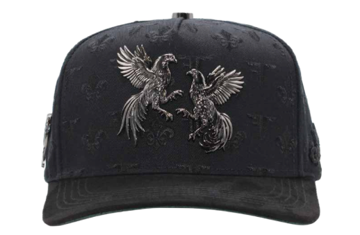 Men's black El Gallero snapback cap, front view with metal rooster pin