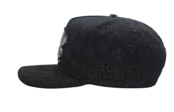 Men's black El Gallero snapback cap, side view with fleur-de-lis pattern