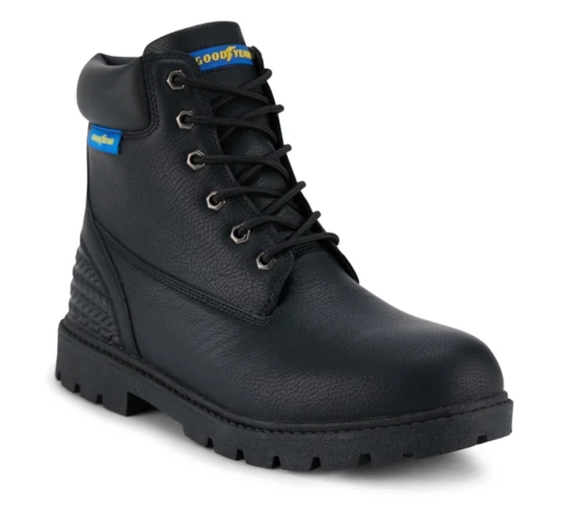 A black Goodyear lace-up ankle boot with a textured leather upper, black laces, and a rugged black sole, shown on a white background.