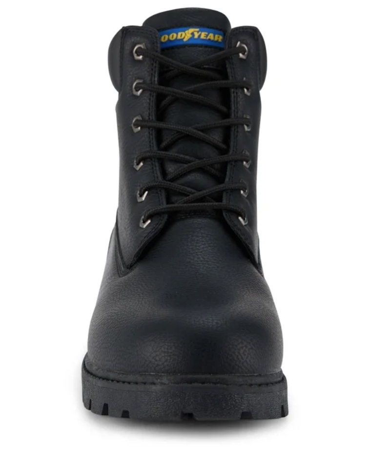 A single black Goodyear lace-up work boot shown from a front-facing perspective on a plain white background.