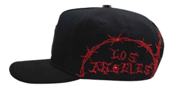 Men's black LA embroidered snapback cap, back view with adjustable strap