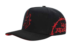 Men's black LA embroidered snapback cap, interior mesh lining view