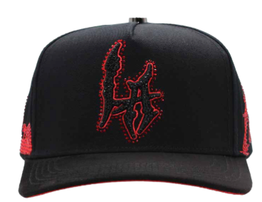 Men's black LA embroidered snapback cap, side view showing barbed wire script