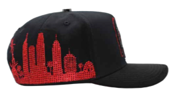 Men's black LA embroidered snapback cap, side view showing Los Angeles skyline design