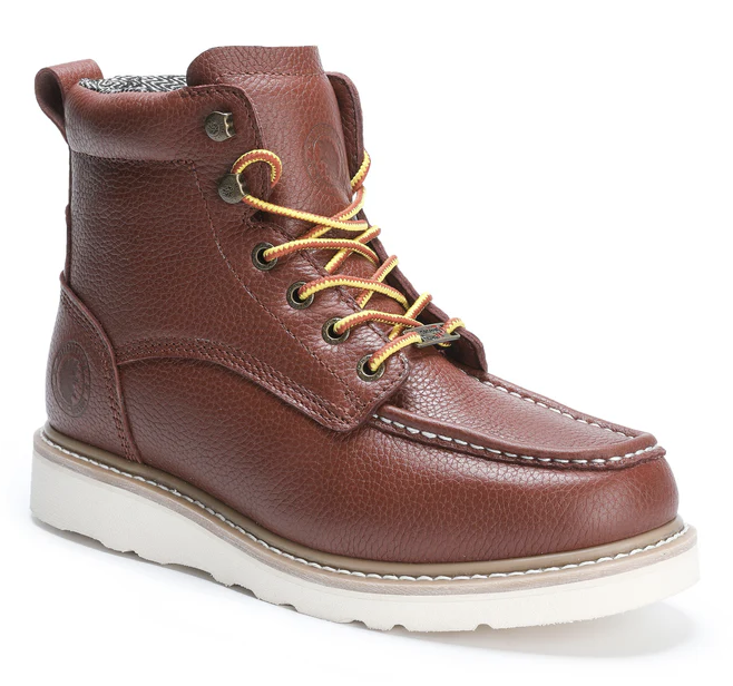 Men's brown leather wedge work boot, three-quarter angle view with gold laces and white sole