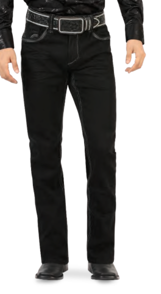 Men's light blue modern boot cut jeans back view with embroidered western pockets.