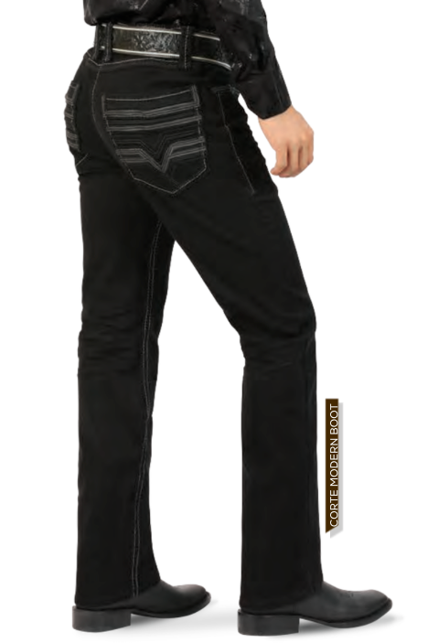 Black western-style jeans with contrast stitching and decorative stitching on the back pockets, shown on a model from the back wearing black boots and a black shirt against a white background.