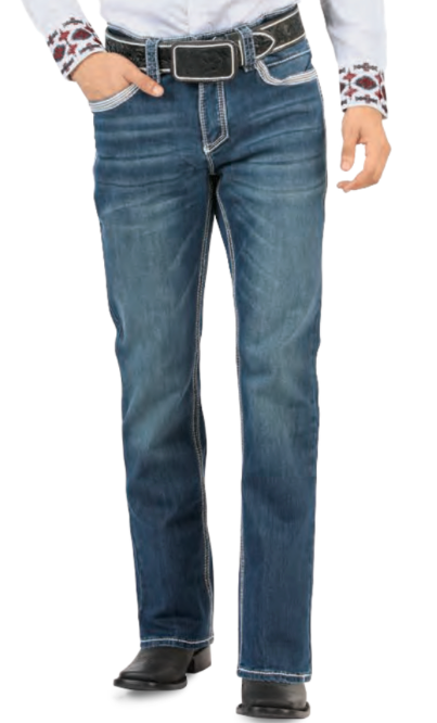 Men's medium blue western boot cut jeans back view with embroidered western pockets.