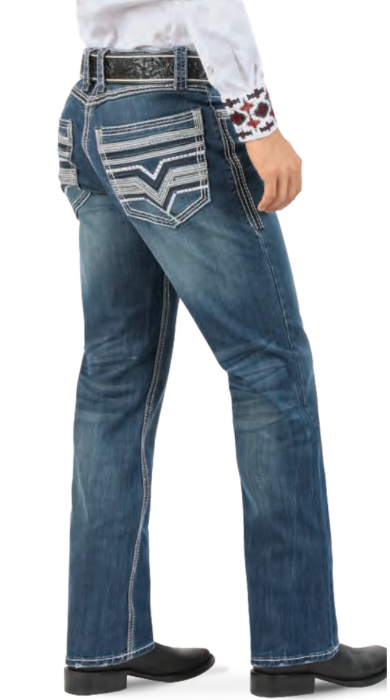 Men's medium blue western boot cut jeans front view with stretch denim.