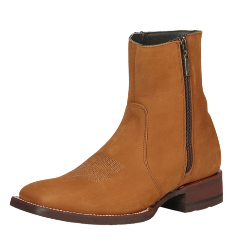 A single tan suede ankle boot with a side zipper, shown from a three-quarters angle against a plain white background.