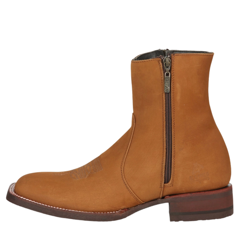 A tan leather ankle boot with a side zipper, shown in a side profile view against a plain white background.