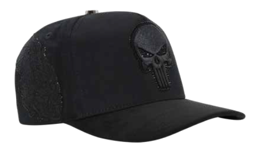 A black baseball cap featuring a black embroidered skull patch on the front, with a textured black mesh back, shown against a plain white background.