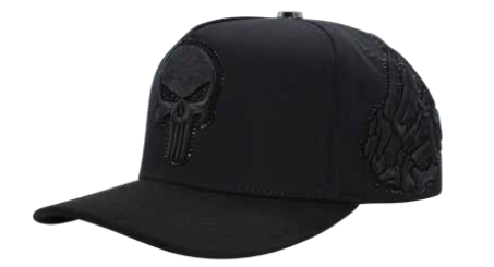 A black cap featuring a tonal black embroidered Punisher skull on the front and a tonal black flame design on the side, shown against a plain white background.