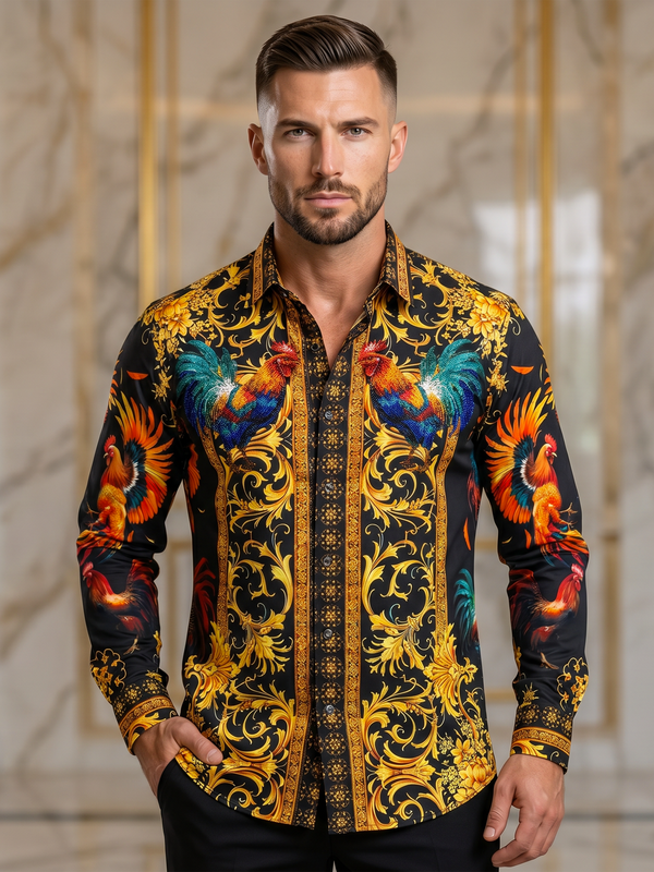 BARABAS Luxury Statement Shirt BS5SPR10 Black – SLIM FIT Stretch Rhinestone-Print