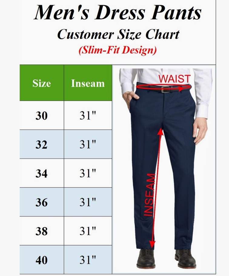 Men's dress pants customer size chart for slim-fit design, showing a size table from 30 to 40 with inseam measurements and a model wearing navy pants with red arrows labeling waist and inseam.