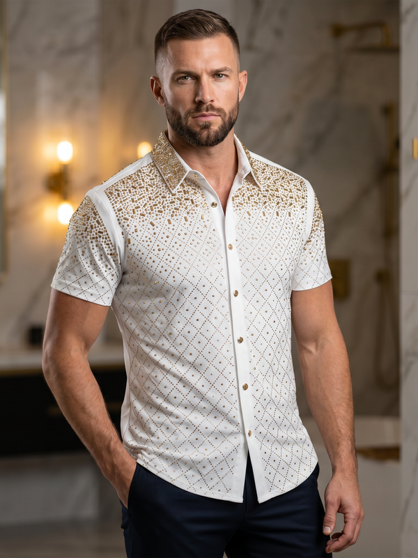 BARABAS Premium Rhinestone Shirt 5SST20 White/Gold – Luxury Fit Button Up