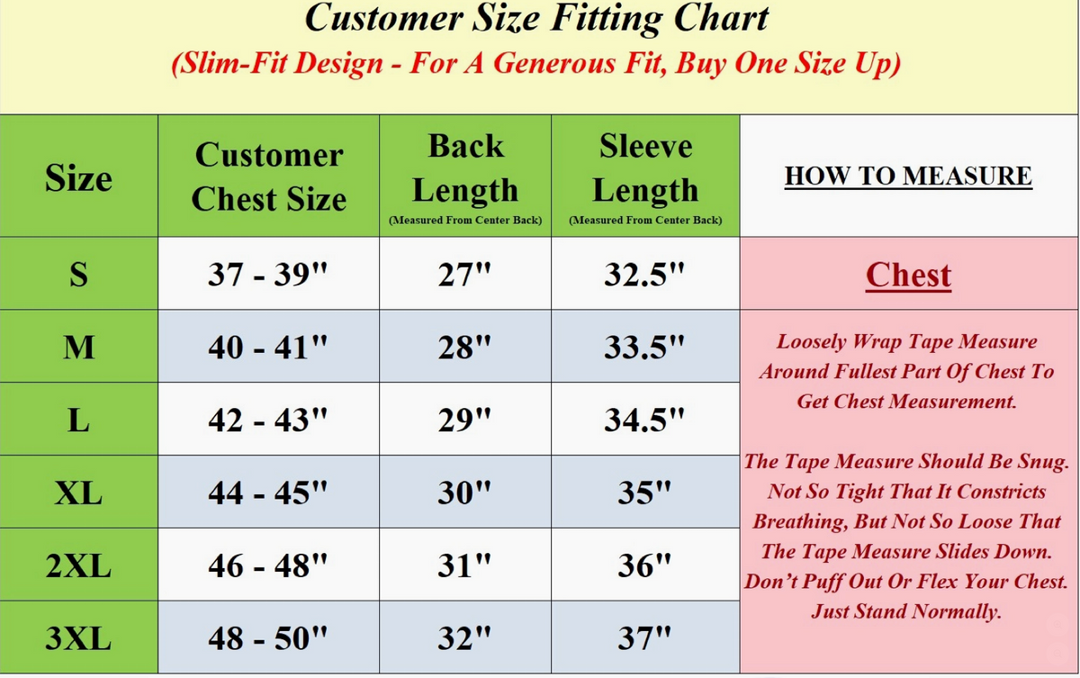 A customer size fitting chart table with columns for Size, Customer Chest Size, Back Length, and Sleeve Length, plus a pink section explaining how to measure chest. The chart uses green, white, and pink blocks on a white background.