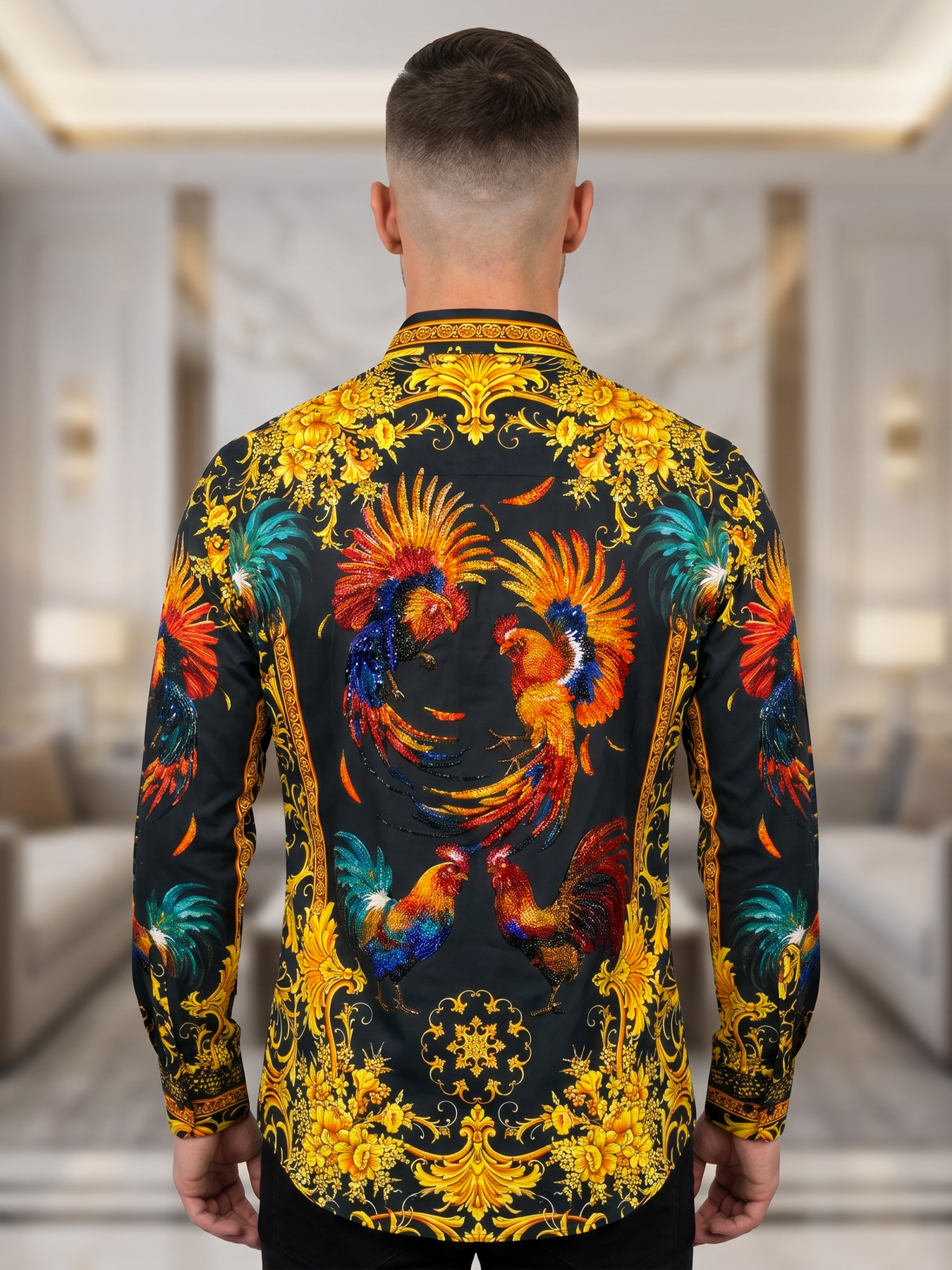 BARABAS Luxury Statement Shirt BS5SPR10 Black – SLIM FIT Stretch Rhinestone-Print