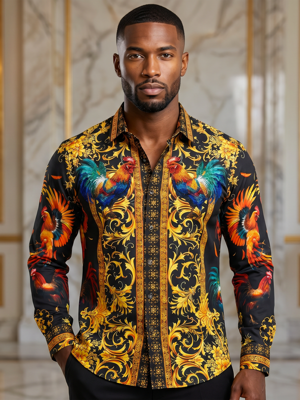 BARABAS Luxury Statement Shirt BS5SPR10 Black – SLIM FIT Stretch Rhinestone-Print