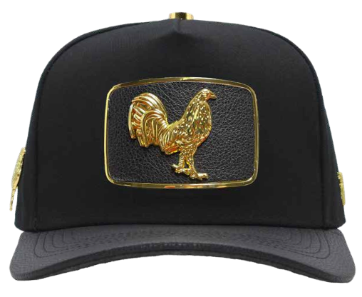 ZU-CAP-FT146GLD - Black rooster metal plate snapback cap - gold finish - front view