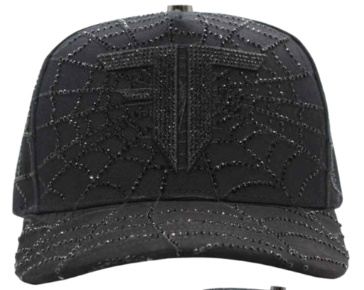 ZU-CAP-FT149 - Black spiderweb rhinestone snapback cap - front view
