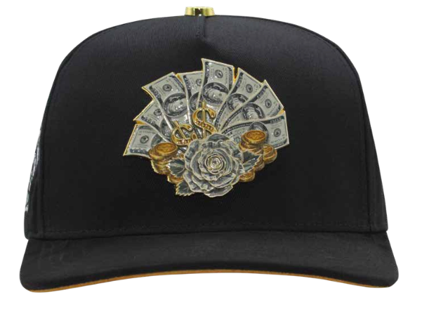 ZU-CAP-FT160 - Black money fan rose snapback cap - front view yeah