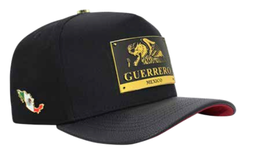 Black cap featuring a gold embroidered Mexican Guerrero patch on the front and a small Mexican flag pin on the side, shown against a plain white background.