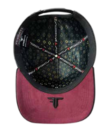 A baseball cap shown from the front, featuring a burgundy lower brim and a black structured crown with a detailed, patterned interior.