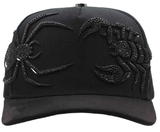 ZU-CAP-FT196 - Black spider scorpion rhinestone snapback cap - front view